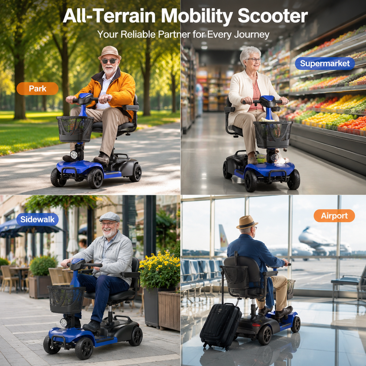 SACVON 4 Wheel Mobility Scooter for Seniors, with 330 lbs Capacity, 250W Motor, Long Battery Life, Comfort Swivel Seat, Detachable Dual Baskets, USB Port & LED Light, Blue