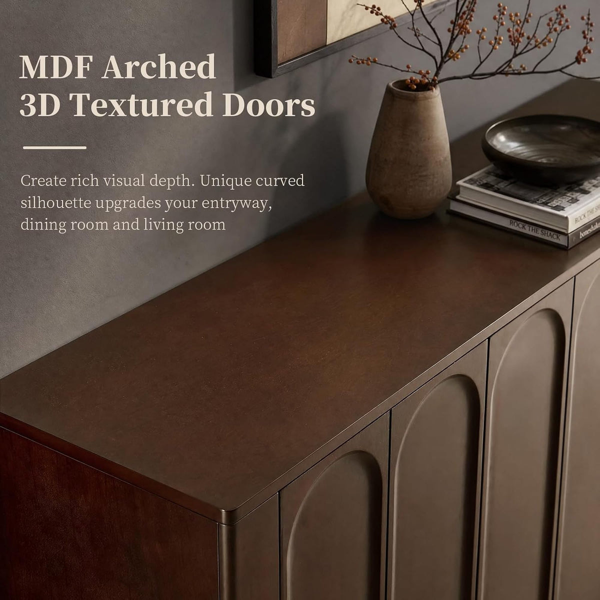 60" Dark Walnut Sideboard Cabinet with 3D Arched Doors, Adjustable Shelves, Modern TV Stand & Storage Console for Living Room, Dining Room
