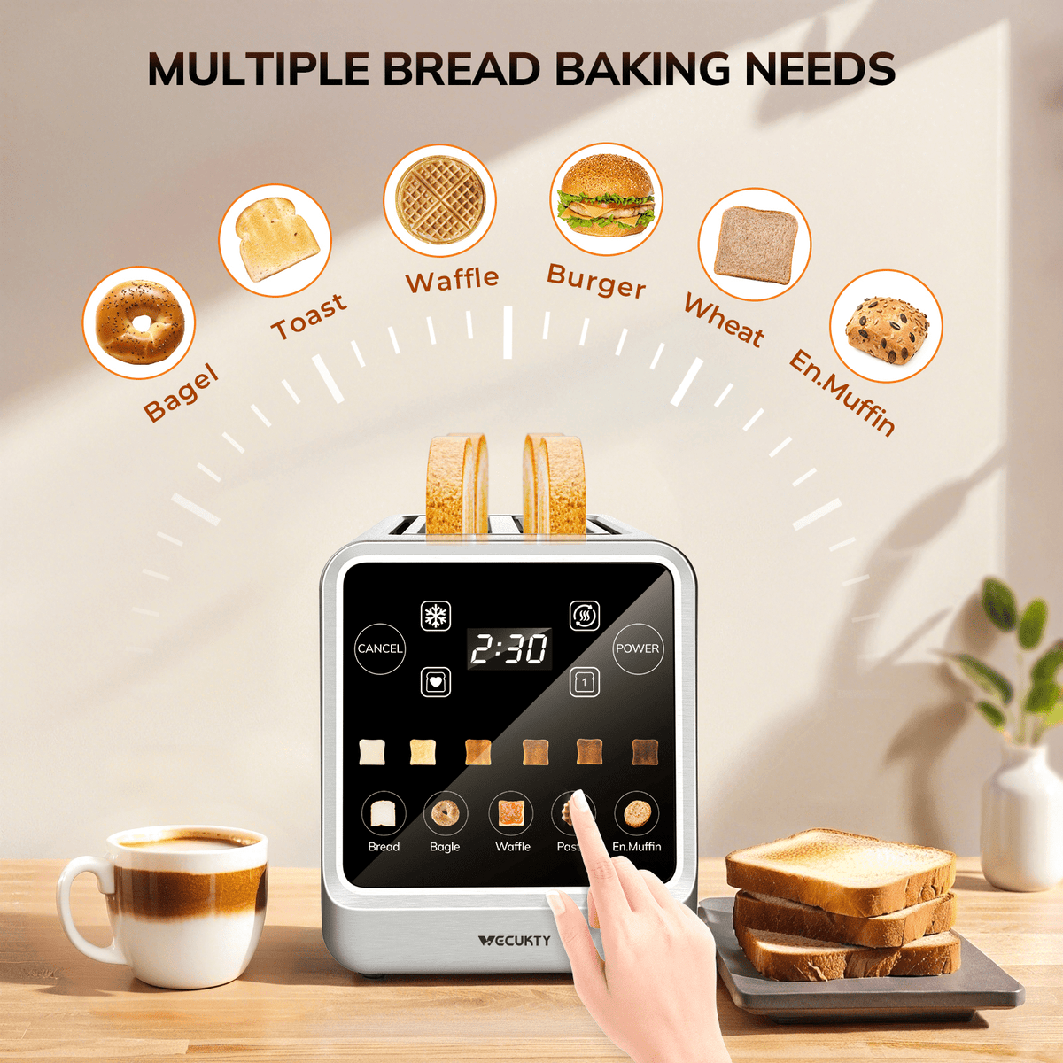 4 Slice Toaster with Digital Touchscreen & 1-Touch Memory, Smart Toasters for Bagels & Artisan Bread All-in-One Defrost, Reheat & Single-Slice Modes