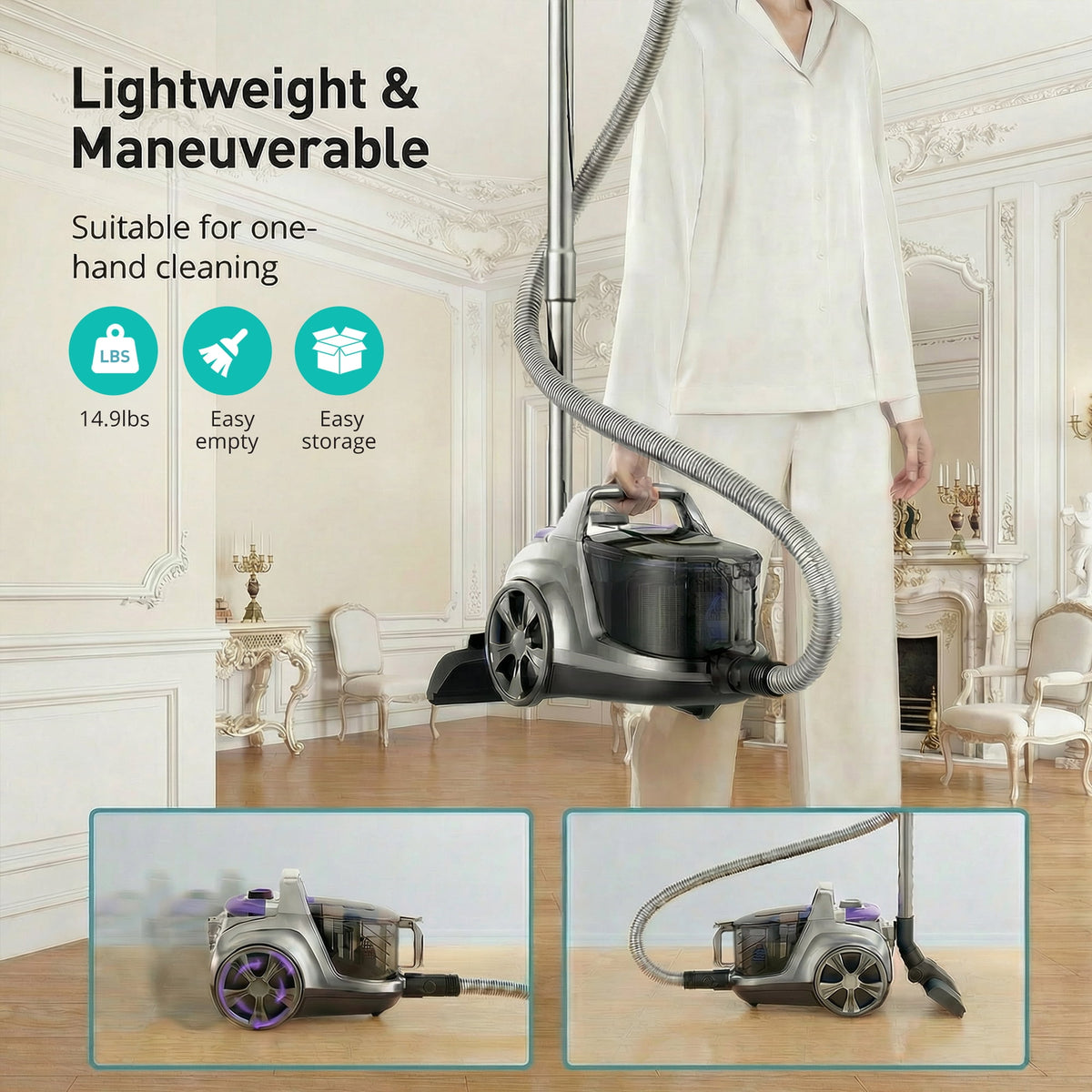 Vacuum Cleaner, 1200W 3.6 QT Bagless Canister Vacuum, Turbo Brush, Double HEPA Filter, Silver Purple