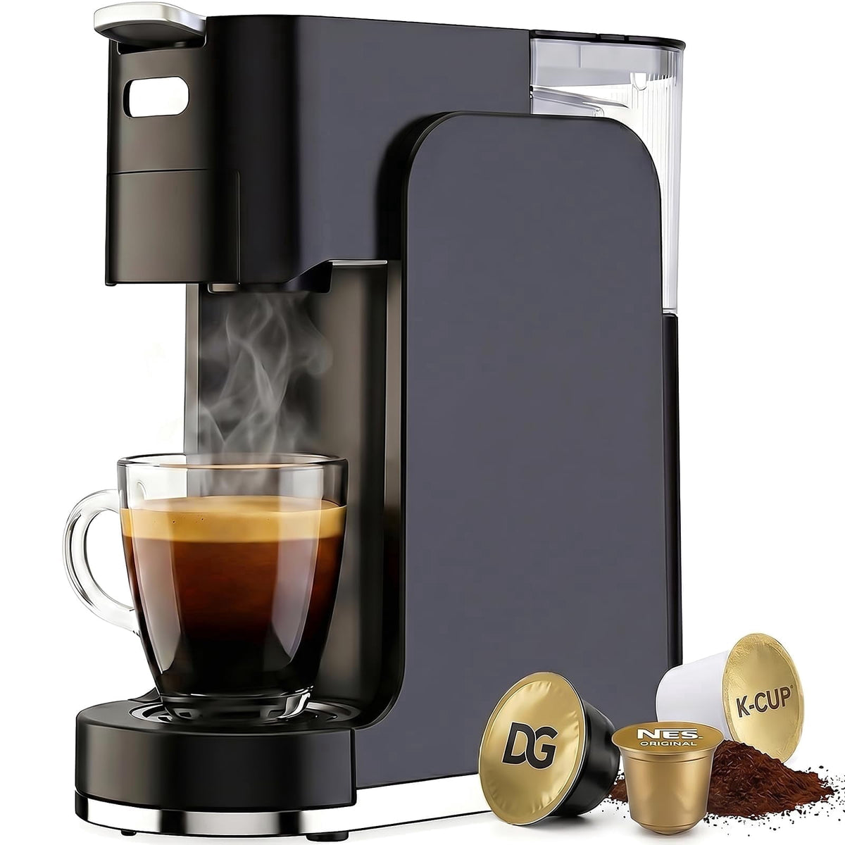GVODE 4-in-1 Single Serve Coffee Maker, 3-Second Heat-Up, 20 Bar Espresso Machine, for K-Cup, Nespresso Original, DG Pods & Grounds, Black