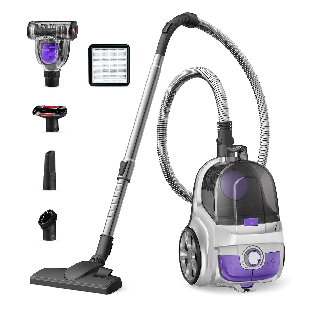 Vacuum Cleaner, 1200W 3.6 QT Bagless Canister Vacuum, Turbo Brush, Double HEPA Filter, Silver Purple