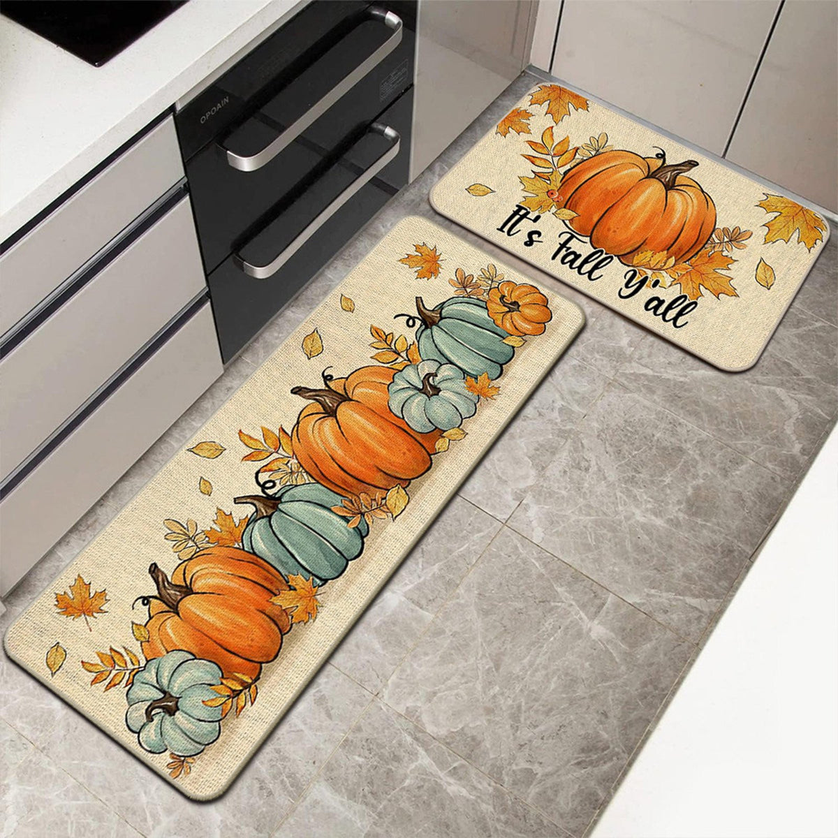 Hello Pumpkin Thankful Fall Kitchen Mats Set of 2,Thanksgiving Decorative Kitchen Rugs Seasonal Autumn Home Decor Low-Profile Kitchen Rugs for Floor - 15.7x23.6 and 15x47 Inch