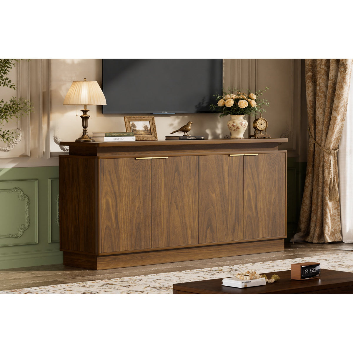 LKTART 66" Modern Sideboard Storage Cabinet with LED Lights, Walnut