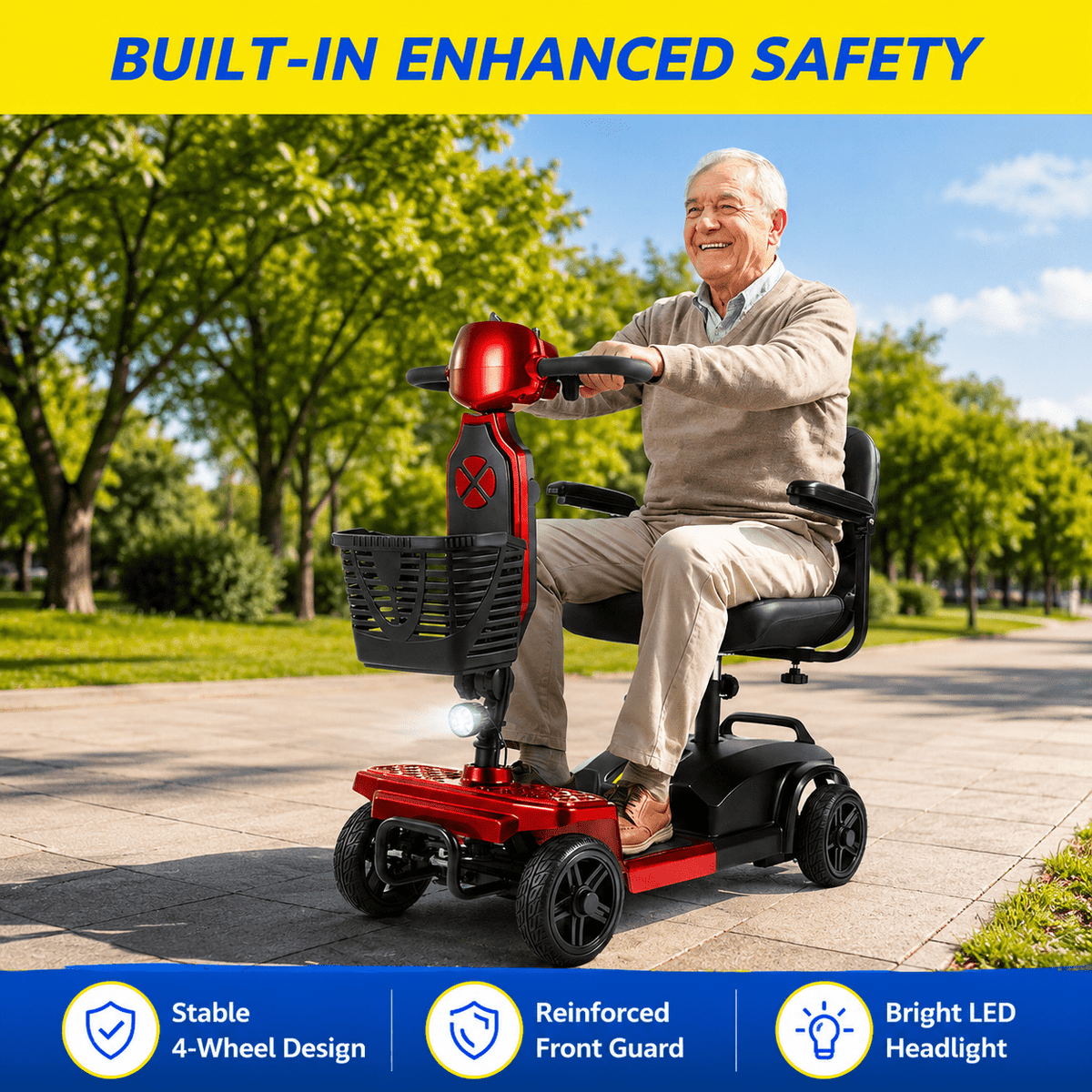 SACVON Mobility Scooters for Seniors with Thick Comfort Seat,USB Charging Port & Widened Front Guard,Powered Mobility Scooter for Adults,250W Motor,330 lbs Capacity,Red
